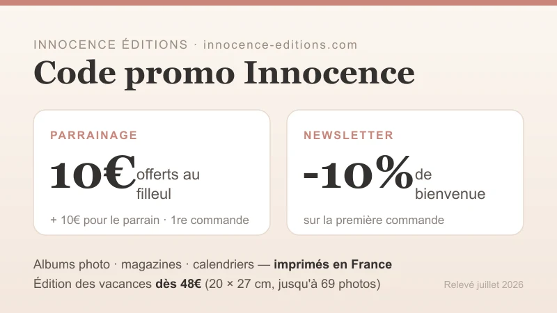 Offres Innocence : parrainage 10€ pour le filleul et 10€ pour le parrain sur la première commande, plus -10% via la newsletter ; éditions photo imprimées en France