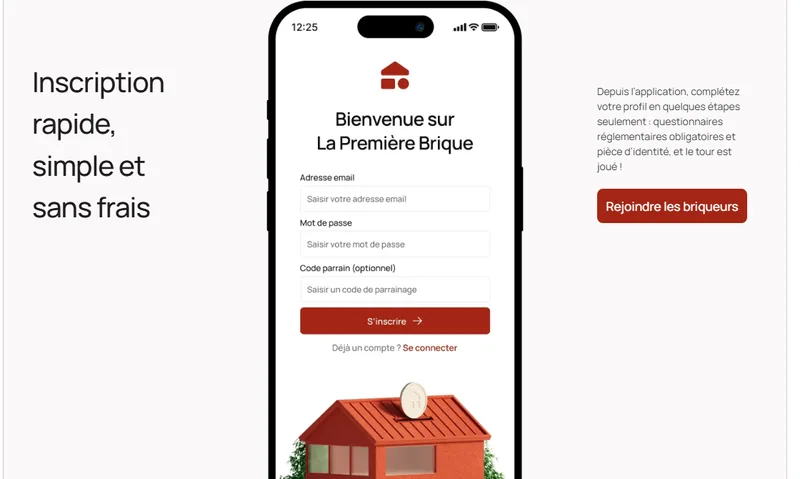 Inscription La Première Brique : champ « Code parrain » où saisir FNO39U pour le bonus de 1% sur le premier investissement
