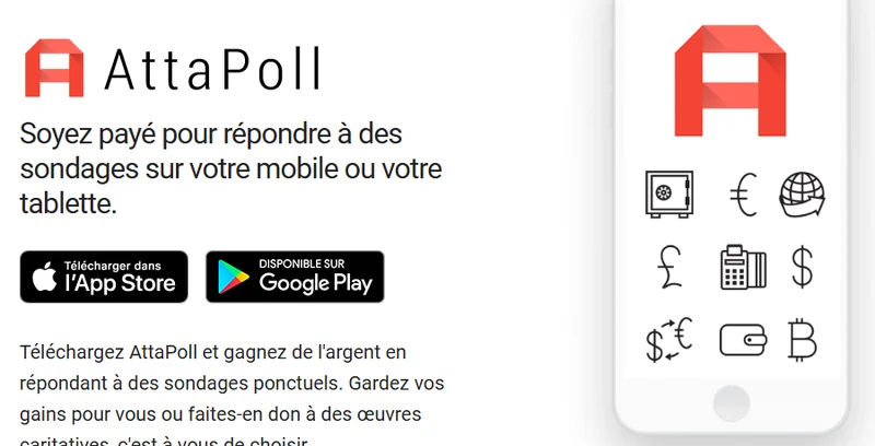 Page d'inscription AttaPoll ouverte par le lien de parrainage : sondages rémunérés sur mobile, applications iOS et Android