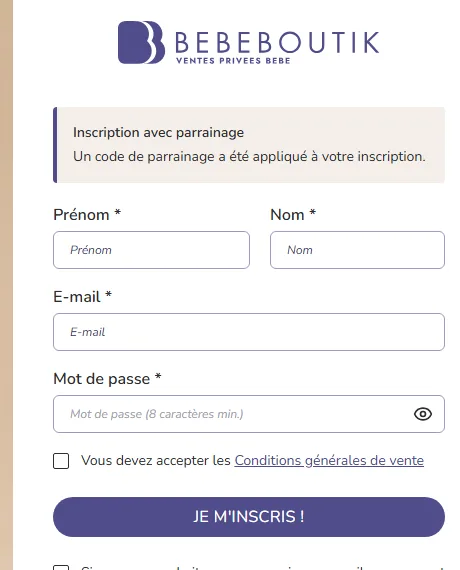 Formulaire d'inscription Bebeboutik avec code de parrainage appliqué
