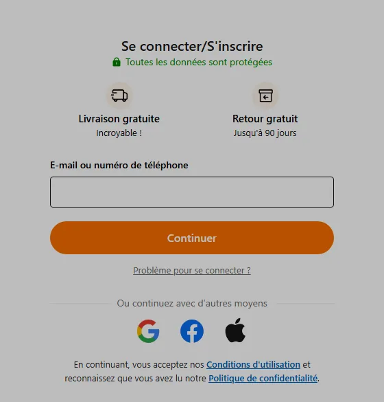 Inscription Temu : étape où s'applique le code référent apt07851, avec retours gratuits jusqu'à 90 jours