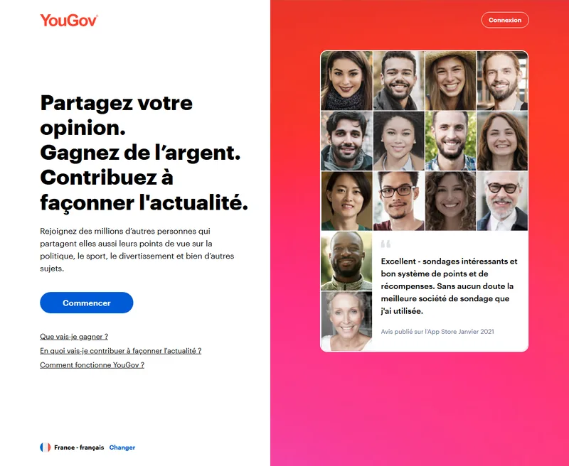 Inscription YouGov France : panel de sondages rémunérés, gratuite, via un lien de parrainage