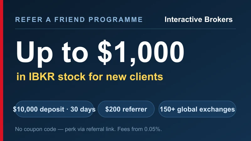 Interactive Brokers Refer a Friend: up to $1,000 in IBKR stock for new clients ($10,000 deposit, $200 referrer)