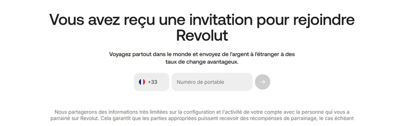 Page d'invitation officielle Revolut ouverte via le code parrainage gunol69tg : saisie du numéro de portable pour rejoindre la néobanque