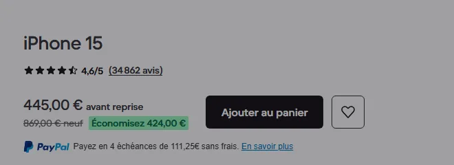 iPhone 15 reconditionné sur Back Market : 445€ contre 869€ neuf, 424€ d'économie — garantie 12 mois