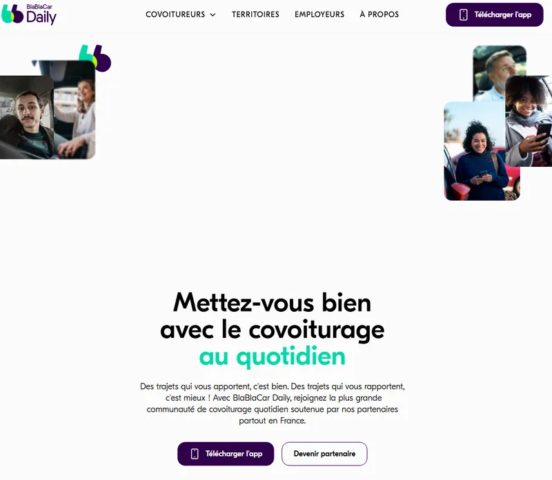 Page d'accueil BlaBlaCar Daily, l'application de covoiturage quotidien qui a remplacé Klaxit en 2024