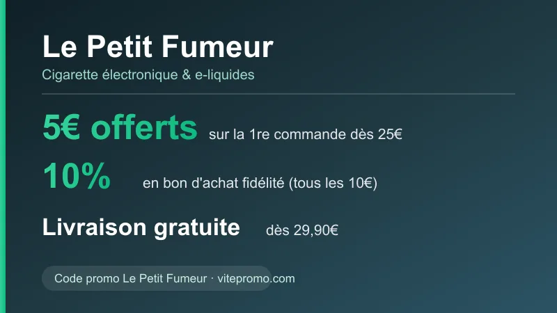 Offre Le Petit Fumeur : 5€ offerts dès 25€ d'achat sur la première commande, 10% en bon d'achat fidélité tous les 10€ dépensés et livraison gratuite dès 29,90€, boutique de cigarette électronique.