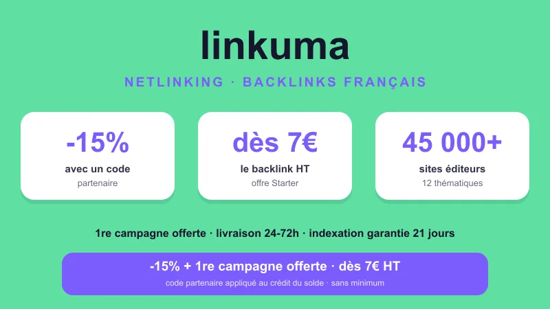 Linkuma netlinking : -15% avec un code partenaire, backlinks dès 7€ HT (offre Starter), 45 000+ sites éditeurs sur 12 thématiques, 1re campagne offerte, livraison 24-72h, indexation garantie 21 jours