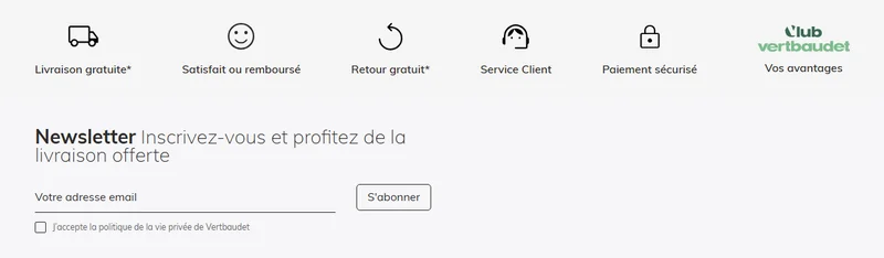 Bloc newsletter Vertbaudet : l'inscription donne la livraison offerte et débloque l'offre de bienvenue nouveaux clients