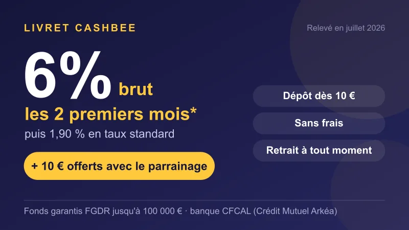 Livret Cashbee : taux boosté à 6% brut les 2 premiers mois puis 1,90%, 10€ offerts via parrainage, dépôt dès 10€ garanti FGDR via la banque CFCAL