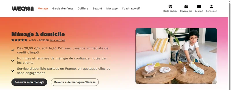 Tarif ménage Wecasa : dès 28,90€/h soit 14,45€/h avec l'avance immédiate de crédit d'impôt