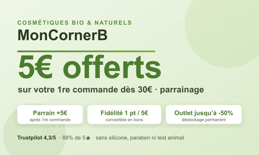 Code promo MonCornerB : 5€ offerts dès 30€ via le parrainage sur les cosmétiques bio et naturels