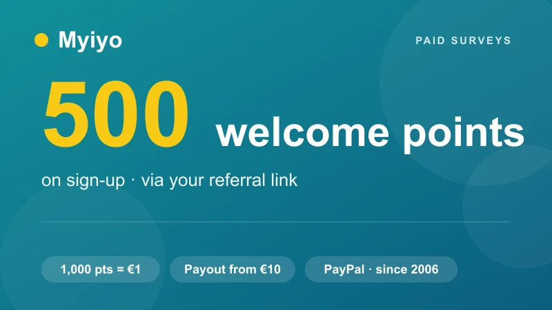 Myiyo banner: 500 welcome points at sign-up via the referral link on the paid-survey platform (mo'web research)