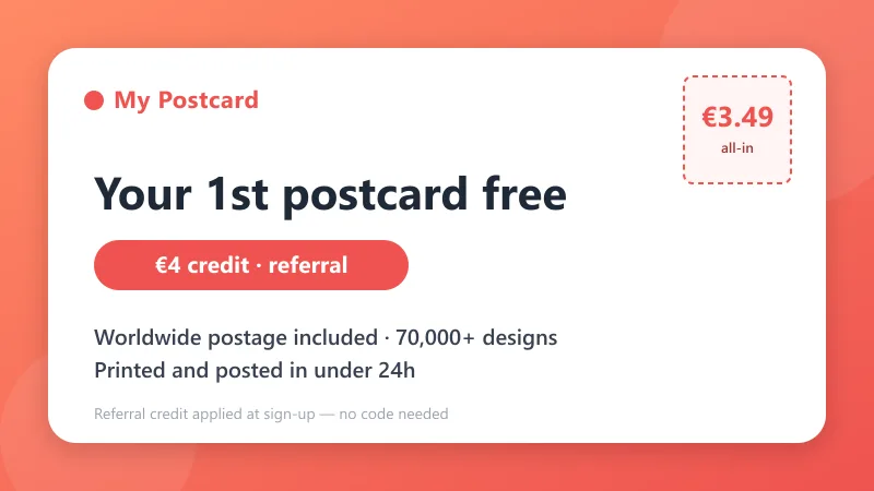 MyPostcard offer: first postcard free via referral (€4 credit), flat €3.49 per card with worldwide postage included, 70,000+ designs