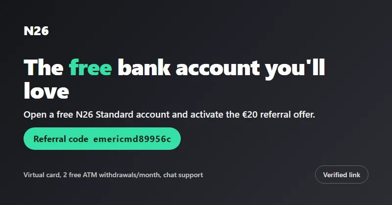 Free N26 Standard bank account promoted on n26.com — open it with referral code emericmd89956c