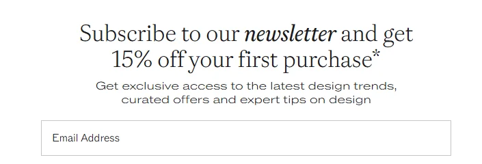 Westwing newsletter sign-up block: 15% off your first purchase in the UK shop, 10% off from 200 euros in France