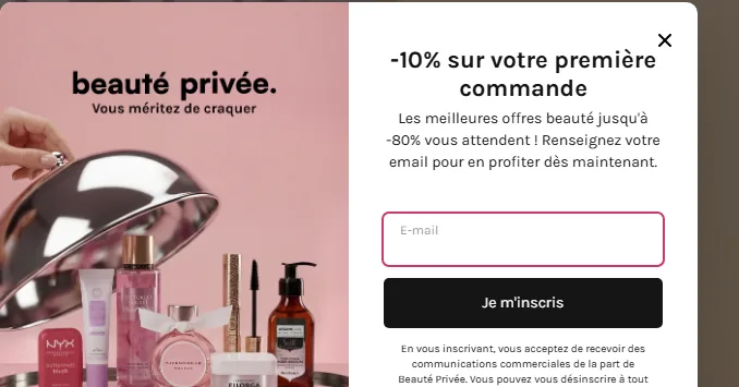 Offre de bienvenue Beauté Privée : -10% sur votre première commande, ventes privées beauté jusqu'à -80%