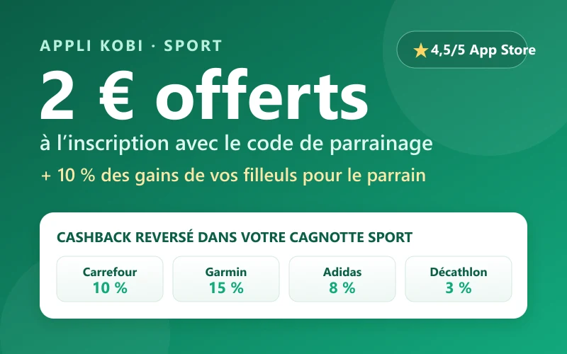 Offre code promo Kobi : 2€ offerts à l'inscription et cashback sport (Carrefour 10 %, Garmin 15 %, Adidas 8 %, Décathlon 3 %)