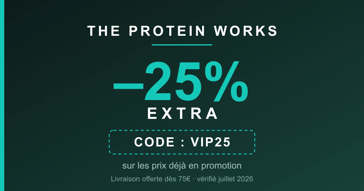 Code promo The Protein Works : -25% extra avec le code VIP25 sur les prix déjà en promotion, livraison offerte dès 75€