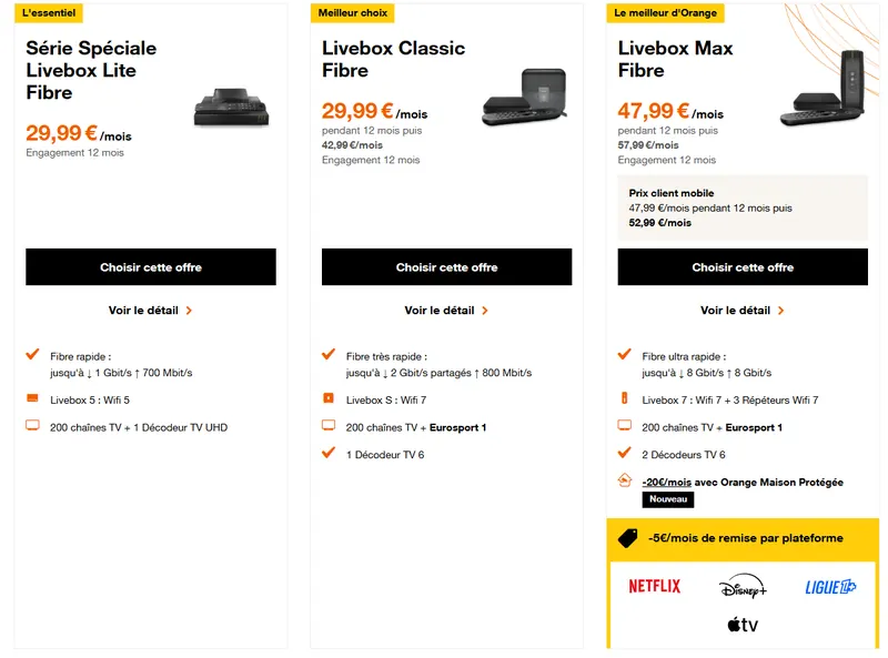 Offres Livebox Fibre Orange : Série Spéciale Lite et Livebox Classic à 29,99€/mois, Livebox Max à 47,99€/mois