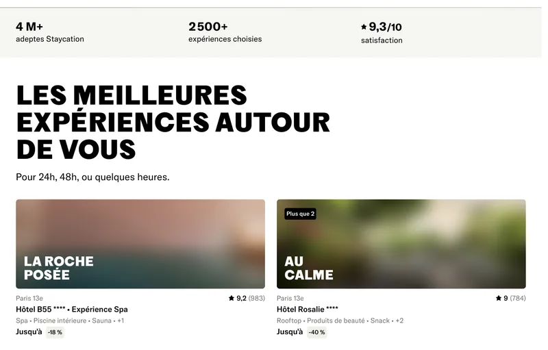 Offres Staycation à Paris : expériences en hôtels 4 étoiles avec réductions de -18% à -40%, 4 millions d'adeptes et satisfaction 9,3/10