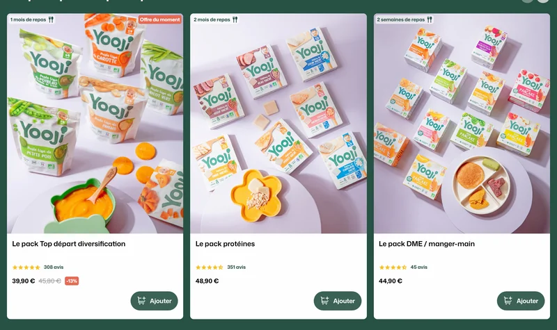 Packs Yooji pour chaque étape de la diversification : Top départ 39,90€ au lieu de 45,80€, pack protéines 48,90€, pack DME 44,90€