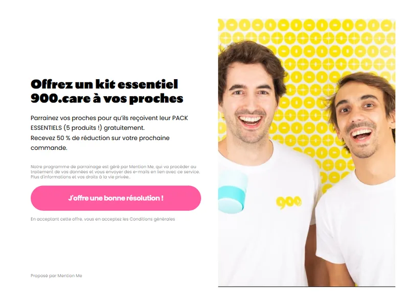 Page parrainage officielle 900.care : pack Essentiels 5 produits offert au filleul et 50% de réduction sur la prochaine commande du parrain