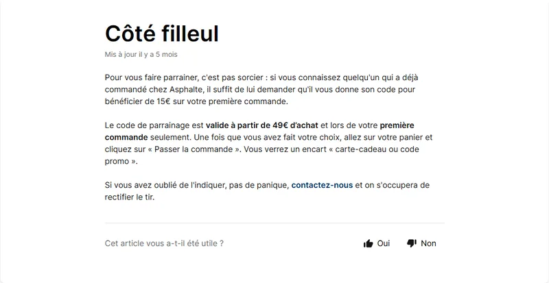 Page officielle du parrainage Asphalte : 15€ de réduction sur la première commande, code valide à partir de 49€ d'achat