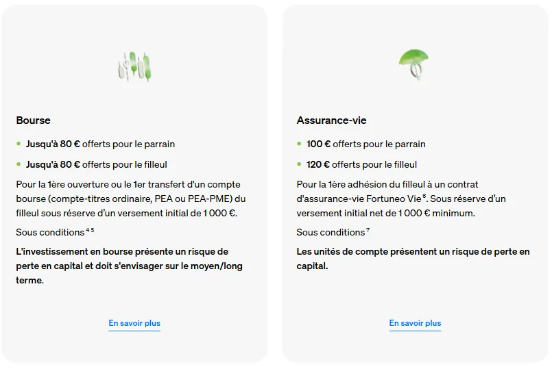 Parrainage Fortuneo assurance-vie sur fortuneo.fr : 120€ offerts pour le filleul et 100€ pour le parrain, première adhésion Fortuneo Vie dès 1 000€