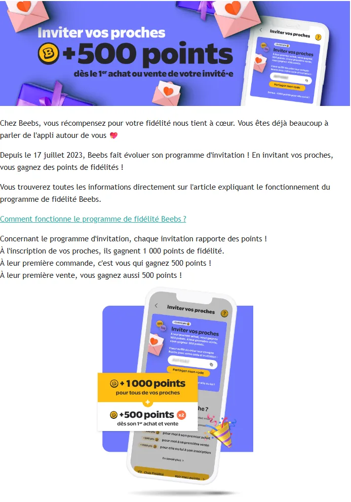 Programme de parrainage Beebs : 1 000 points de fidélité (5€) offerts à l'inscription du filleul, +500 points au premier achat et à la première vente