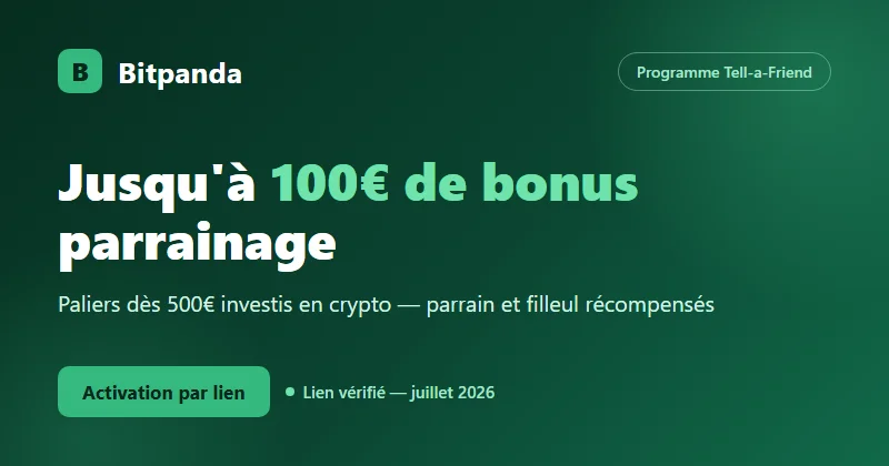 Parrainage Bitpanda Tell-a-Friend : jusqu'à 100€ de bonus par paliers dès 500€ investis en crypto, parrain et filleul récompensés