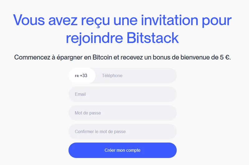 Page d'invitation Bitstack : bonus de bienvenue de 5€ en Bitcoin à l'inscription via le lien de parrainage