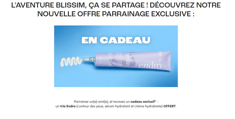 Offre parrainage Blissim été 2026 : un trio Endro (contour des yeux, sérum hydratant et crème hydratante) offert au parrain