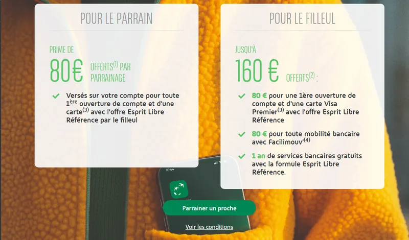 Parrainage BNP Paribas : prime de 80€ pour le parrain et jusqu'à 160€ offerts pour le filleul avec l'offre Esprit Libre Référence