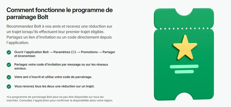 Programme de parrainage Bolt : partagez votre code d'invitation, vous recevez tous les deux une réduction sur un trajet