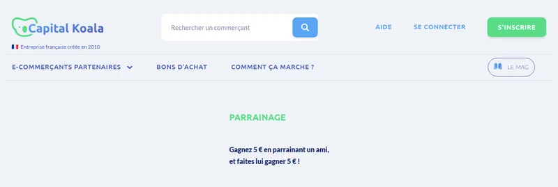 Page parrainage officielle Capital Koala : gagnez 5 euros en parrainant un ami, et faites-lui gagner 5 euros