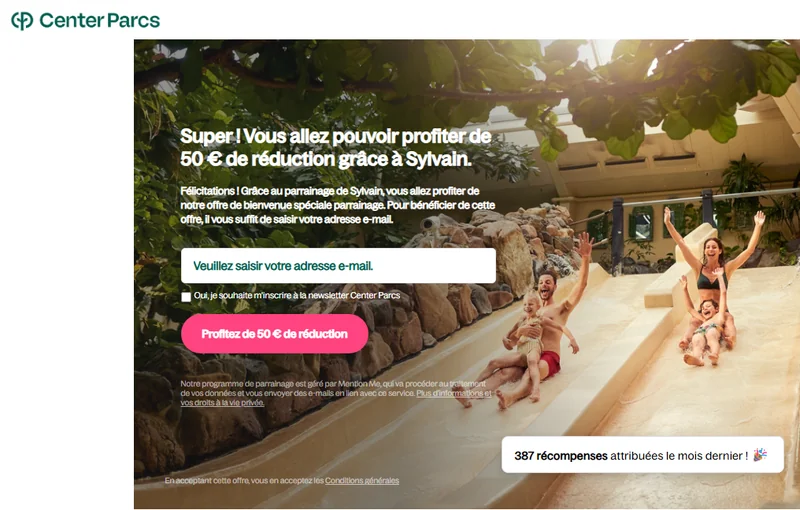 Parrainage Center Parcs 50 euros de réduction pour le filleul via Mention Me