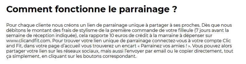 FAQ officielle Clic and Fit : le parrainage rapporte 10 euros de crédit à la marraine dès la première commande de la filleule