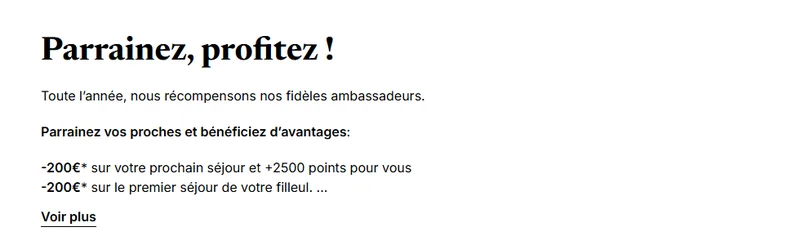 Page parrainage officielle Club Med : 200 euros et 2500 points pour le parrain, 200 euros pour le filleul