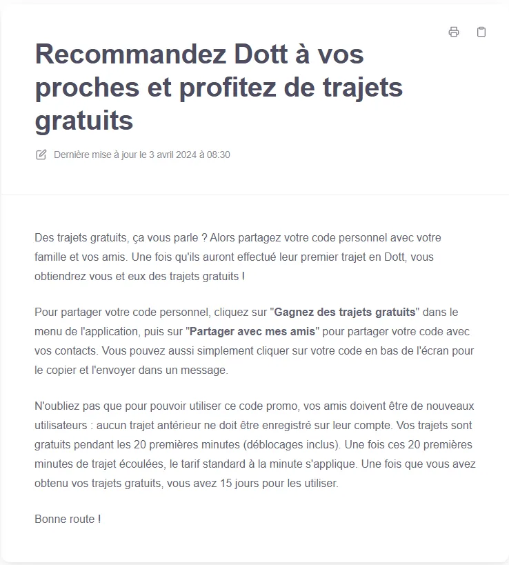 Article officiel du parrainage Dott : trajets gratuits de 20 minutes, déblocage inclus, à utiliser sous 15 jours