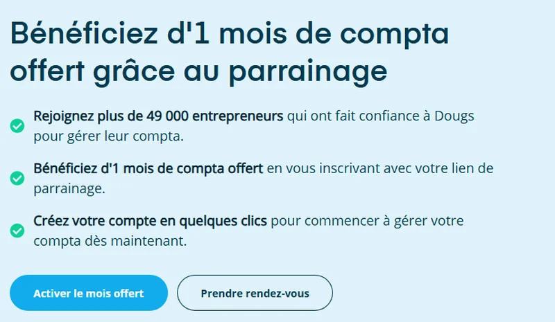 Page parrainage officielle Dougs : 1 mois de comptabilité offert via le lien de parrainage, plus de 49 000 entrepreneurs