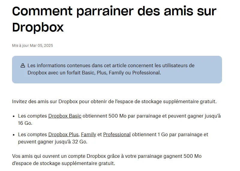 Parrainage Dropbox : 500 Mo par filleul jusqu'à 16 Go sur Basic, 1 Go jusqu'à 32 Go sur Plus