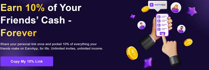 Programme de parrainage EarnApp : Earn 10% of Your Friends' Cash Forever — 10% des gains des filleuls à vie, invitations illimitées