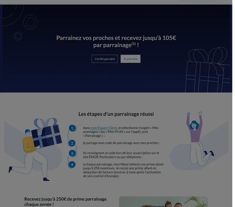 Parrainage Engie : jusqu'à 105€ de prime par parrainage pour le parrain (100€ + 5€ option Vert+), 20€ + 5€ pour le filleul