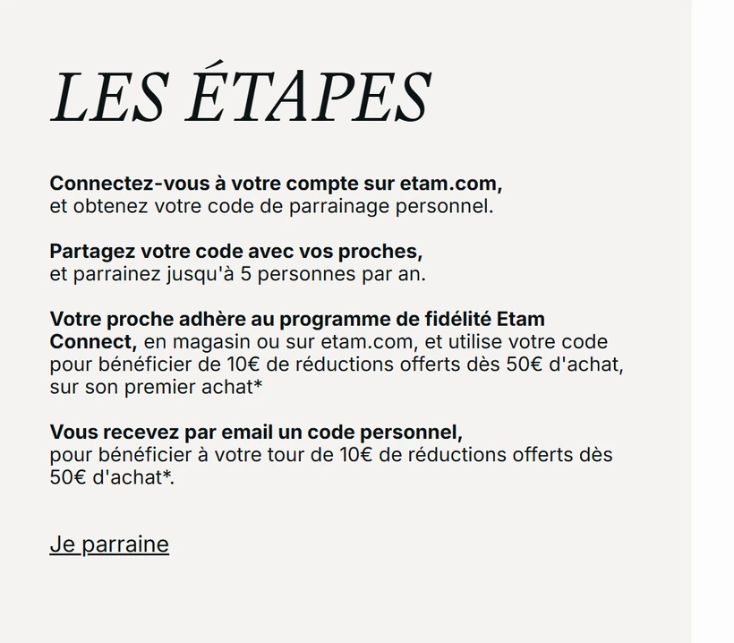 Parrainage Etam : 10€ offerts dès 50€ d'achat pour la marraine et la filleule, jusqu'à 50€ par an via Etam Connect