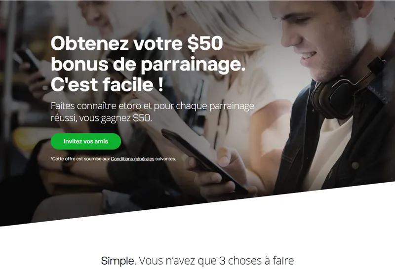 Parrainage eToro : 50 $ de bonus par filleul, versés au parrain uniquement