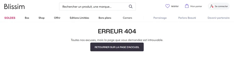 Page de parrainage Glossybox en erreur 404 après redirection vers Blissim
