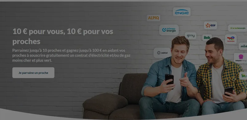 Parrainage Hello Watt : 10€ pour le filleul et 10€ par filleul pour le parrain, jusqu'à 10 proches soit 100€