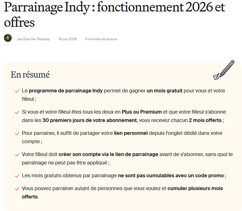 Parrainage Indy : 1 mois gratuit pour le parrain et le filleul, 2 mois offerts si les deux sont en offre Plus ou Premium