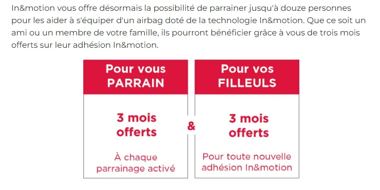 Offre officielle de parrainage In&motion : 3 mois offerts pour le parrain à chaque parrainage activé et 3 mois offerts pour le filleul sur sa nouvelle adhésion